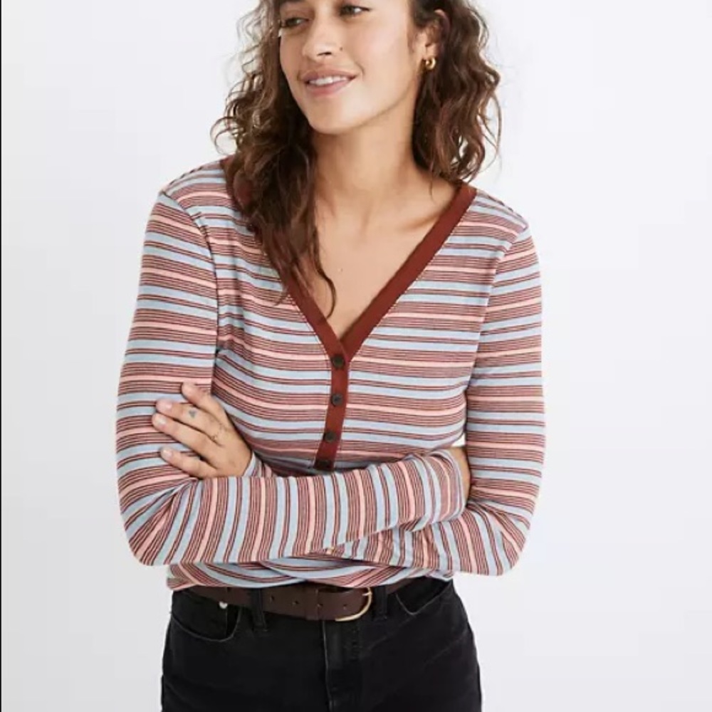Madewell Fine Ribbed Henley Tee Stripped